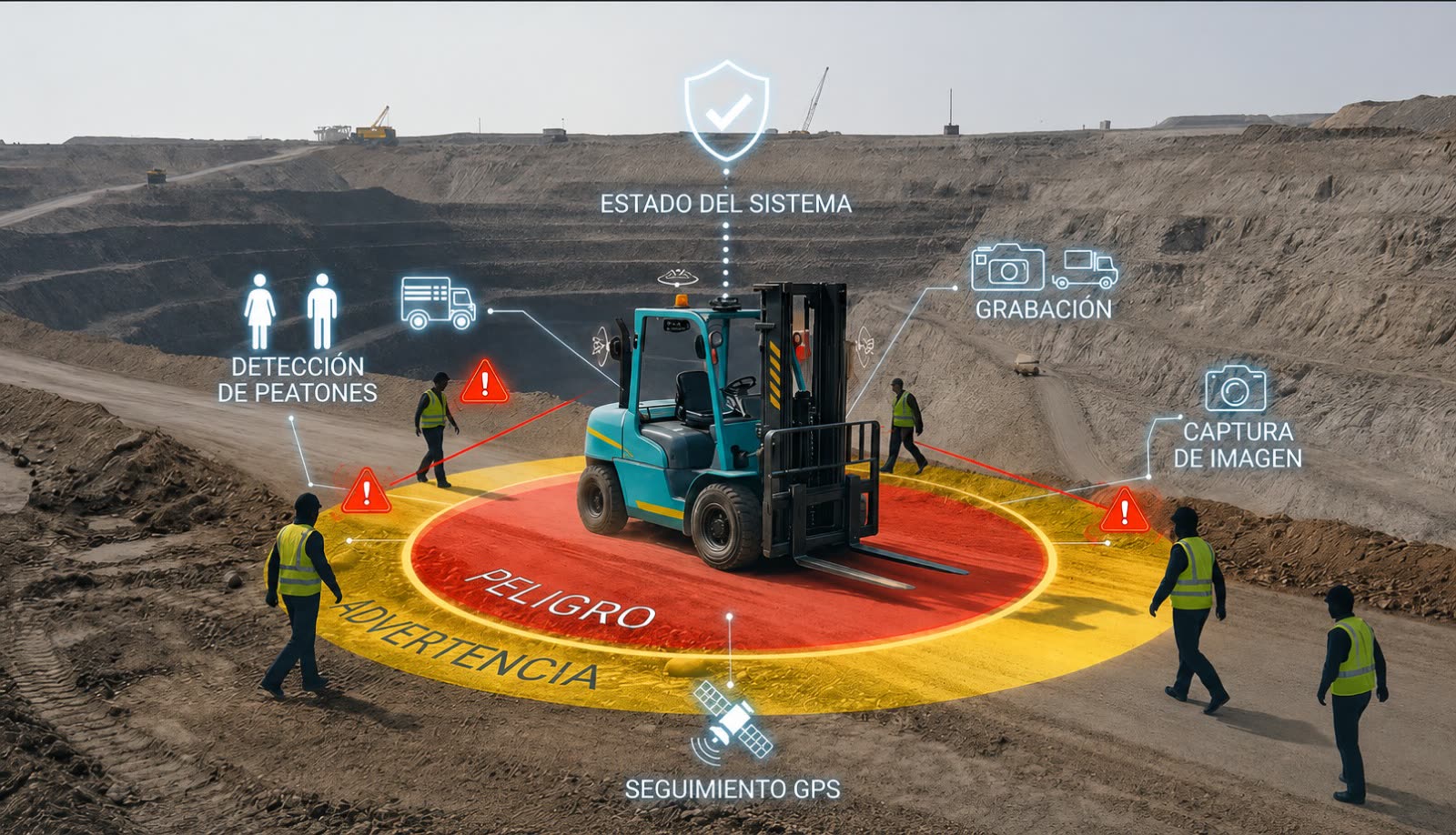 Grúa horquilla en faena con dos zonas proyectadas en el suelo: advertencia en amarillo y peligro en rojo, con varios peatones detectados y alertas activas